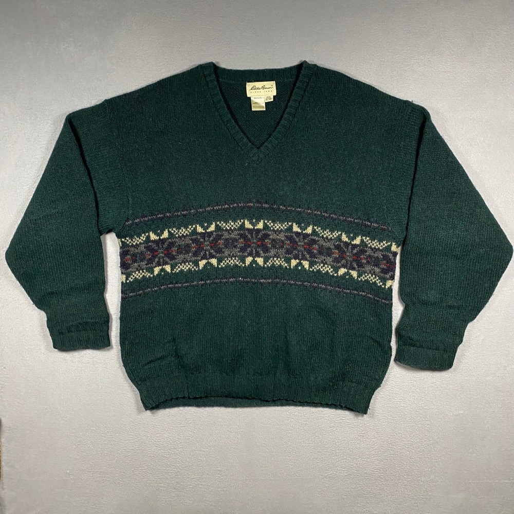 Vintage Eddie Bauer Wool Blend V-Neck Sweater Mens XL Green Fair Isle USA Made
